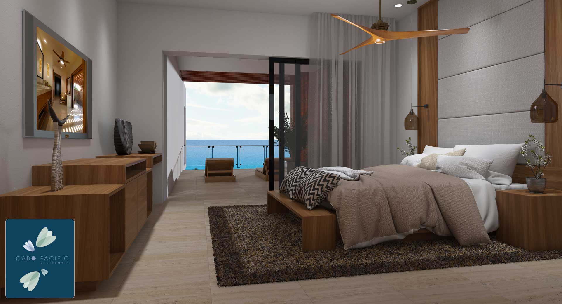 Master bedrooms connect to terraces at Cabo Pacific Residences