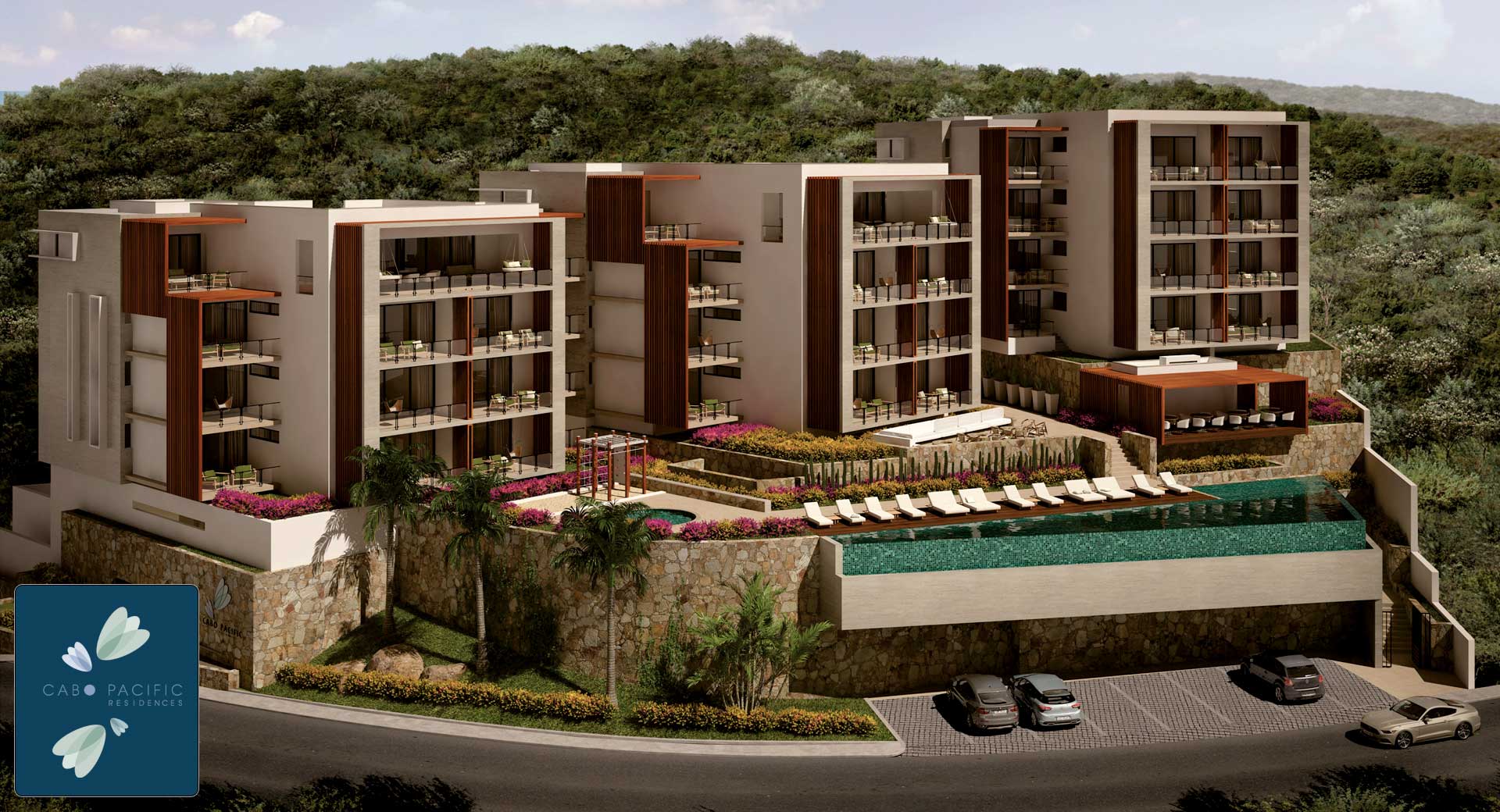 Living area rendering at Cabo Pacific Residences